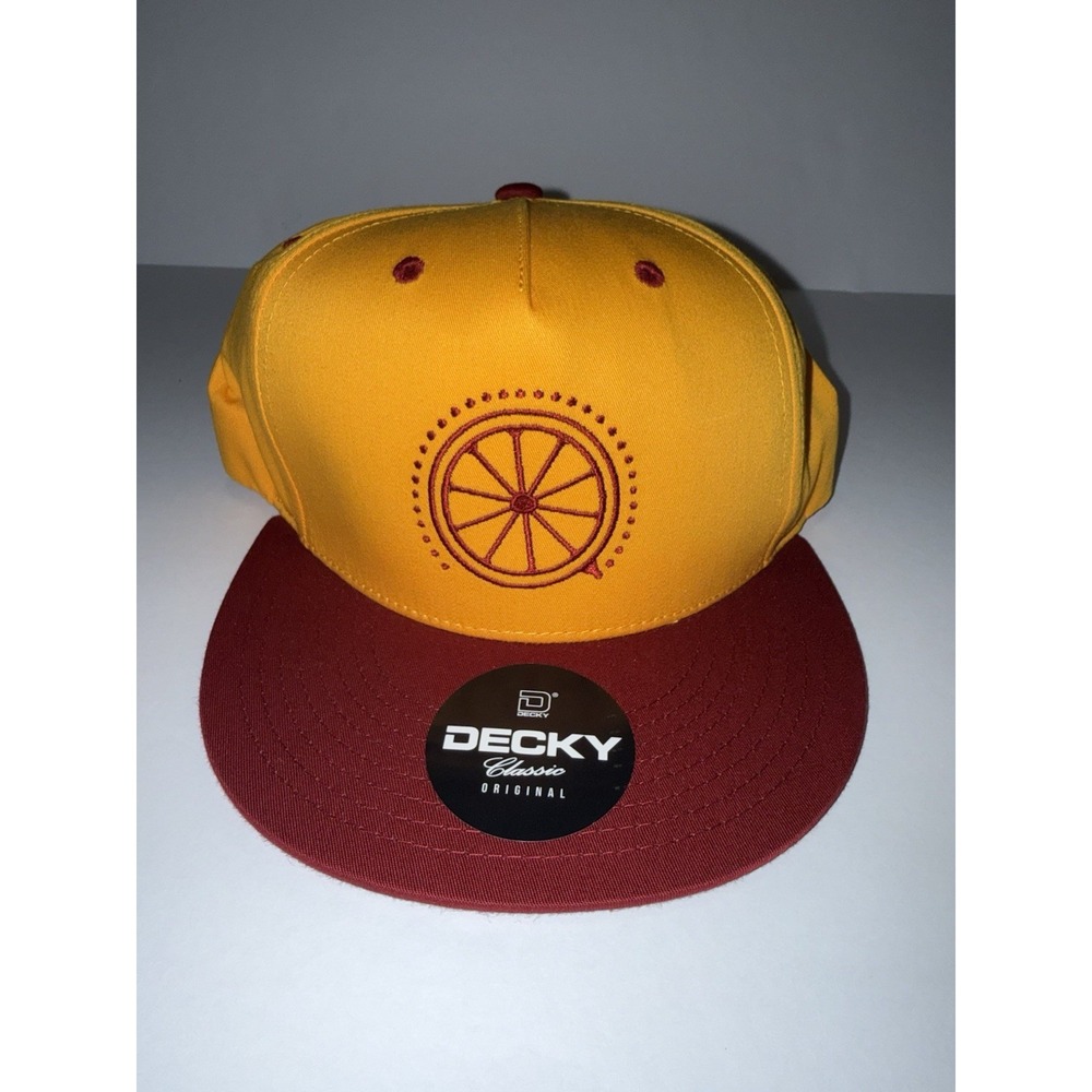 Decky Classic Wheel Logo Snapback Hat Yellow Burgundy Flat Bill Cap Adult NWT